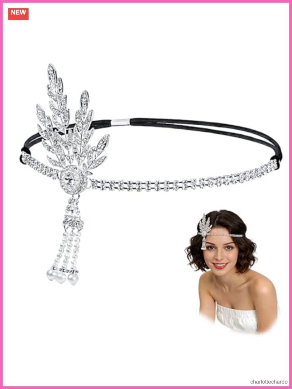 Rhinestone Leaf Pearl Tassel Flapper Headband Elastic Headpiece